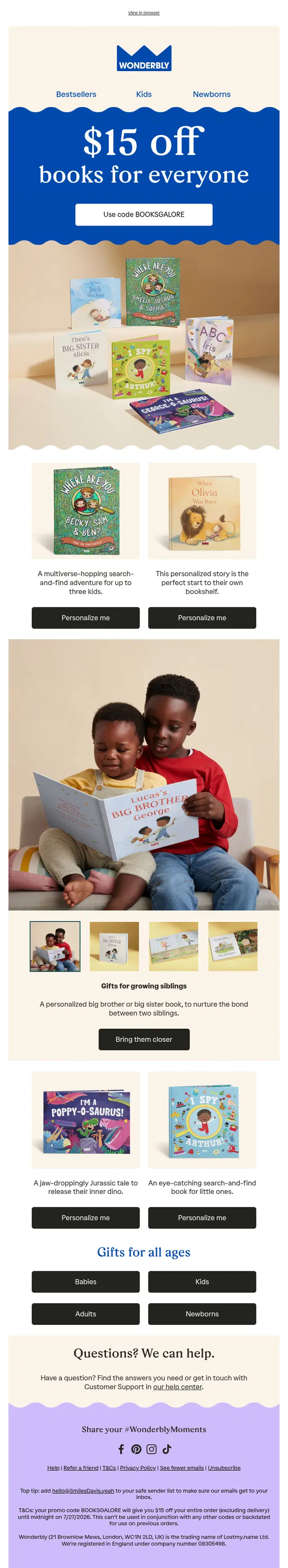 Wonderbly email design, full length